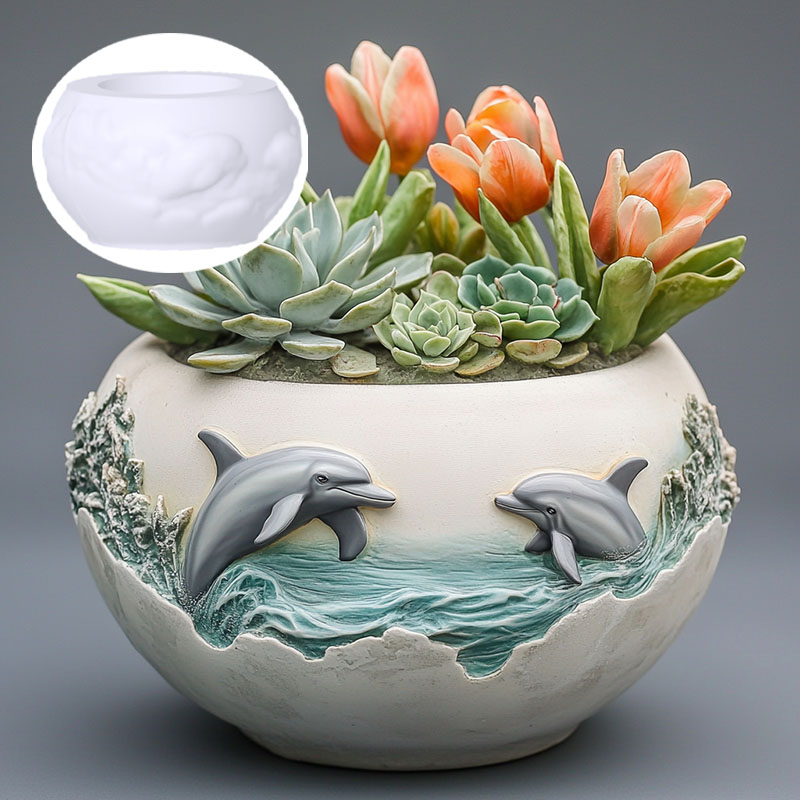 Resin Ocean Wave Mold - Couple dolphin relief succulent plant flowerpot